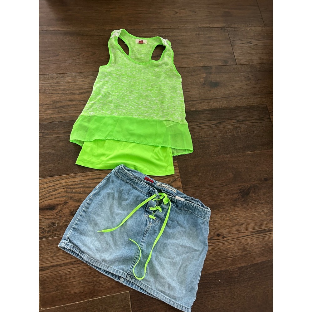 Y2K Neon Green LEI Layered Tank Top and Paris Blues Denim Mini Skirt Set